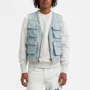 Gilet di jeans Streetwear retrò Slim Fit da uomo personalizzato giacca trapuntata con Zip gilet di jeans Cargo senza maniche con risvolto Casual