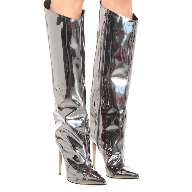 WETKISS Cộng Với Kích Thước 17 Thời Trang Glossy Ladies Mùa Đông Rộng Bê Khởi Động Đảng Stiletto Gót Boots Sexy Phụ Nữ Khởi Động Đầu Gối Cao Bán Buôn