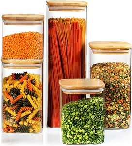 Toples Persegi dengan Tutup Bambu, Kaleng Dapur Kaca dengan Tutup Bambu Kedap Udara - Product Image 1
