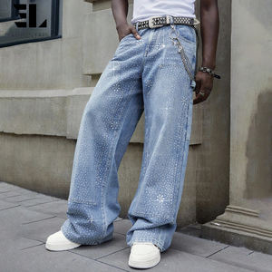 Pantalon de travail à double genouillère orné de strass, lavage délavé personnalisé LARSUR, jean cargo brillant orné de bijoux - Product Image 5