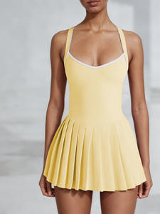 レディース ヨガ ワンピース 取り外し可能なカップ付き シーム入り カラーブロック プリーツスカート 高弾性 テニスドレス - Product Image 6