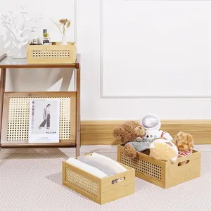 3 PCS Natural Bamboo Storage Bins Set Faux Rattan Frame Wicker Storage Baskets With Handles