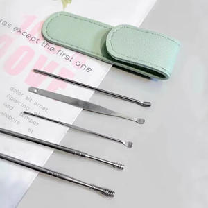 Conjunto de Limpadores de Ouvido em Aço Inoxidável KQ1245 (5 Peças), Cabeça Espiral com Estojo de Couro - Product Image 1