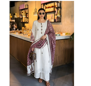 Ivory and Maroon Cotton Embroidered Wrinkle Free Quick Dry Elegant Ethnic Traditional Casual <b>Kurta</b> Suit Set for <b>Women</b> - Product Image 3