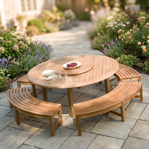 Ensemble de table à manger de jardin ronde en teck massif avec 4 bancs sans dossier incurvés et plateau tournant - Product Image 4