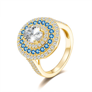 Classic Women's 925 Silver Moissanite Cocktail <b>Ring</b> Round Brilliant Cut Pave Setting Blue Gemstone Halo Engagement Jewelry - Product Image 1