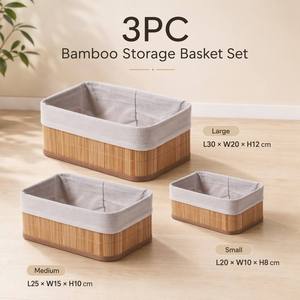 Ensemble de 3 paniers de rangement rectangulaires emboîtables en bambou naturel avec doublure en <span class=keywords><strong>tissu</strong></span> bohème <span class=keywords><strong>pour</strong></span> comptoir de salle de bain - Product Image 2