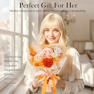 Ramo <span class=keywords><strong>de</strong></span> Hortensias y Rosas Preservadas en Color Naranja con Oso <span class=keywords><strong>de</strong></span> Peluche, Regalo Floral Hecho <span class=keywords><strong>a</strong></span> Mano <span class=keywords><strong>de</strong></span> Larga Duración para <span class=keywords><strong>Cumpleaños</strong></span>, San Valentín, Mamá, Novia - Product Image 4