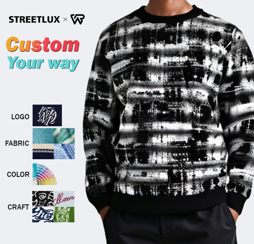 Custom Logo Oem & Odm100% Cotton 450gms Sweater Men'S Crewneck Jumper Irregular Lines Pattern Jacquard Men'S Sweater