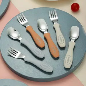 Grosir Set piring silikon untuk makan malam bayi tanpa pengisap dengan 316 sendok garpu pisau baja tahan karat