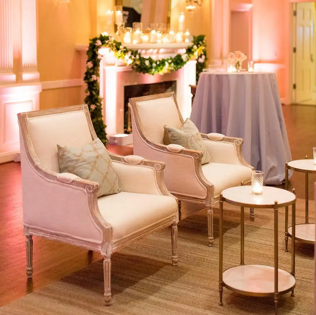 Silla vintage de lino de alta calidad, asiento de estilo francés de madera de roble sólida, personalizada, para eventos de boda