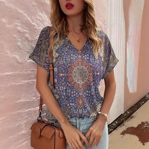 Nouveau T-shirt tendance pour femme, style bohème, imprimé numérique, manches courtes, col en V, polyester, coupe ample, <span class=keywords><strong>TEUM</strong></span> pour - Product Image 4