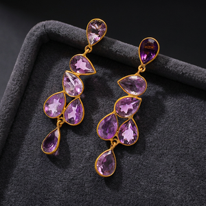Trendy Pear Cut Amethyst Gemstone 925 Sterling <b>Silver</b> <b>Stud</b> <b>Earrings</b> Gold Plated for Engagement Wedding Anniversary & Party - Product Image 3
