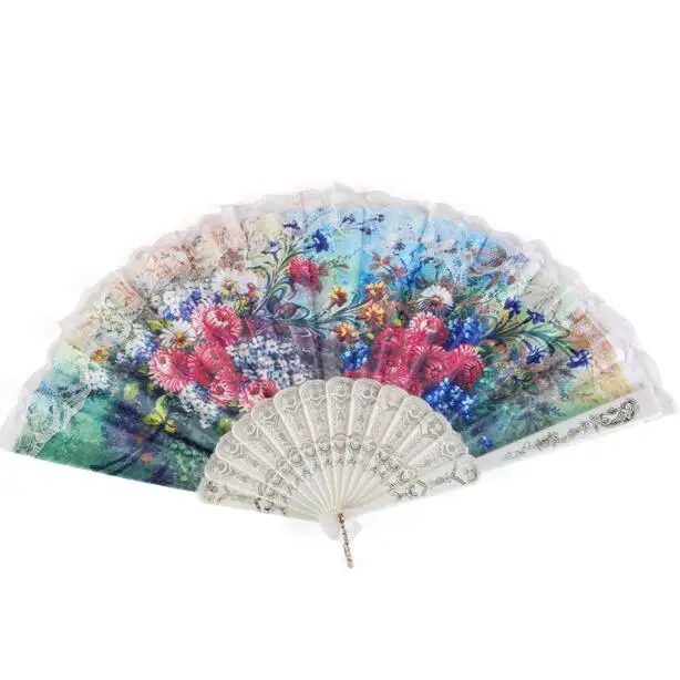 Ancient Vintage Handheld Fan Chinese Style Fabric Folding Fan White Lace Silk Floral Plastic Fan Business Gift