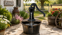 Fontaine de jardin à bassin unique avec bec verseur décoratif à pompe manuelle, bol en imitation bois, décoration aquatique pour patio extérieur et jardin