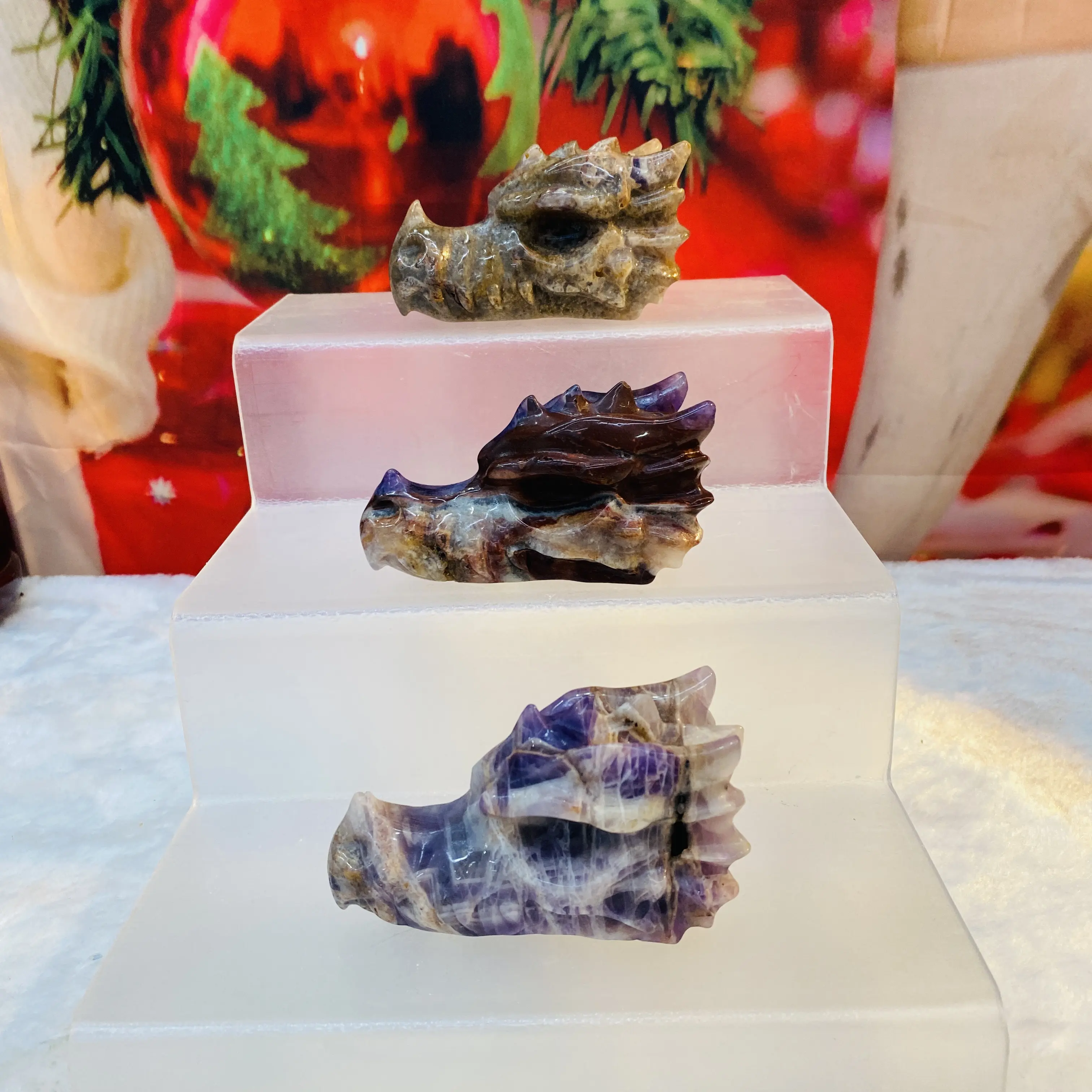 Hand Carved Natural Crystal Dragon Head Skull Made Of Dream Amethyst Realistic Dragon Head Carvings