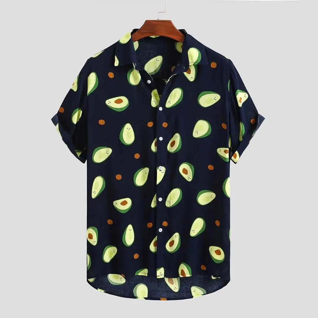 Camisa masculina de abacate estampada havaiana, camisa para praia do verão, 2021