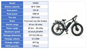 Certified 750W Electric Mountain Bike 26*4 Inches Cheap Fat Tire Ebike Local Warehouse Free Shipping for Rugged Trail Adventure - Product Image 6