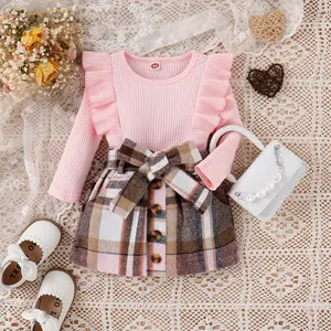2023春季学步女孩服装长袖针织粉色上衣格子A线裙2件套秋季儿童服装套装