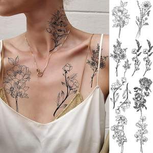 Tatouages temporaires imperméables pour femmes, <span class=keywords><strong>cou</strong></span>, bras - Noir, petite branche, <span class=keywords><strong>rose</strong></span>/tournesol, plantes sauvages, tatouages autocollants personnalisables - Product Image 6