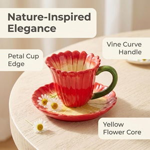 Juego de Taza y Platillo de Cerámica con Diseño de Flores Rojas en Degradado, Elegante Juego de Té de Porcelana Decorativa - Product Image 2