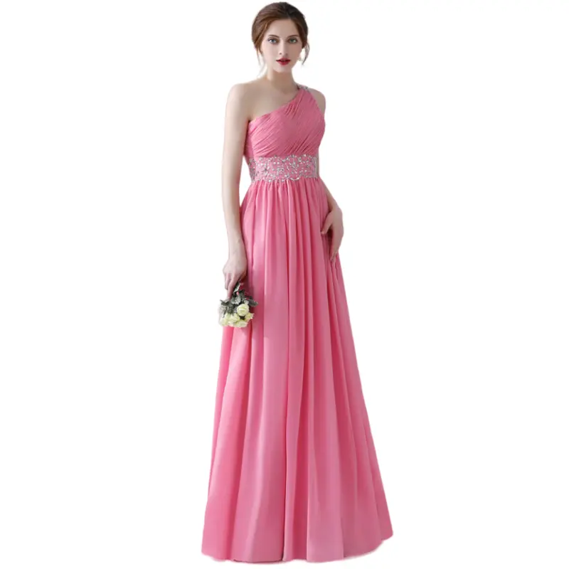 Sexy Open Back Chiffon Prom Dresses One Shoulder Long Beaded Coral Pink Prom Evening Gown