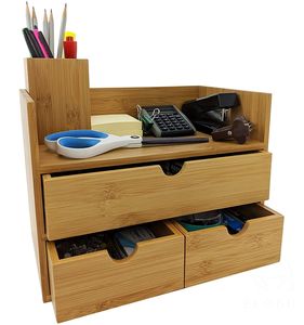 Organisateur de bureau en bambou à 3 niveaux avec tiroirs et porte-crayon - Product Image 4