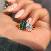 Anillo de Compromiso Toi Et Moi con Diamante Cultivado en Laboratorio VVS Personalizado, Certificado IGI, CVD HPHT, Diamante Esmeralda Verde en Forma de Pera, Joyería para Mujer