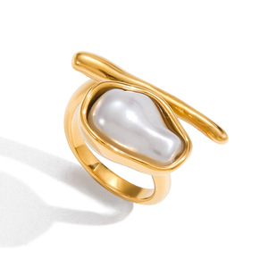 Pearl <b>Ring</b> 18K Gold Stainless Steel Baroque Style Asymmetrical <b>Open</b> Design Unisex Everyday Wear - Product Image 5
