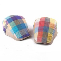 Casquette plate en maille pour homme FF499 Printemps-Été, style rétro en coton respirant, casquette Lvy, béret gavroche à carreaux colorés