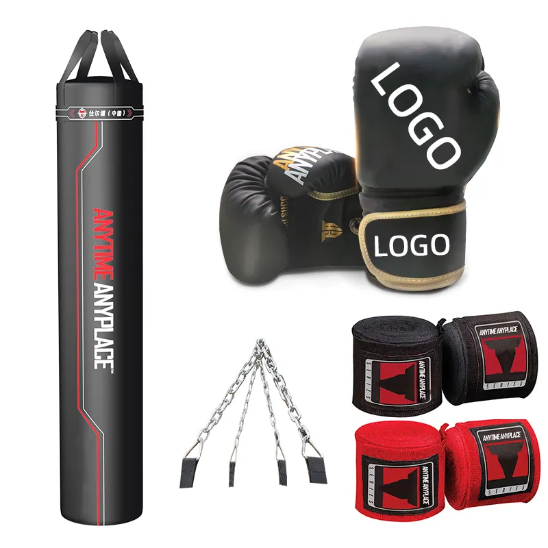 Boxing set of punch bag hanging and leader boxing gloves with boxing bandage hand wraps