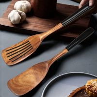 Ensemble spatule et cuillère en bois d'acacia 2 pièces, résistant à la chaleur, écologique, durable, sans danger pour les aliments, antiadhésif, noir, manche long