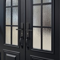Porte double en fer forgé de style français avec verre et sécurité métallique, résistante à l'eau, pour entrée extérieure, usage commercial et hôtelier