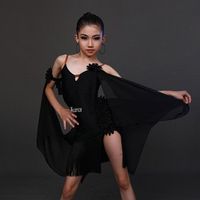 Robe de danse latine noire et blanche pour filles, robe de danse latine pour enfants, bretelles, performance haut de gamme, jupe à franges, en stock