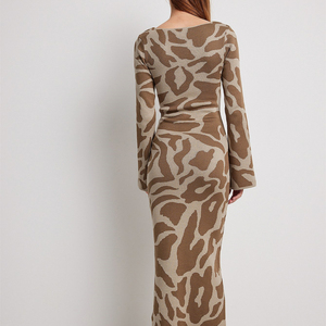 High Quality Autumn Knit Women Elegant <strong>Dress</strong> Flared Long Sleeves Bodycon Fit Women Print <strong>Maxi</strong> <strong>Dress</strong> - Product Image 3