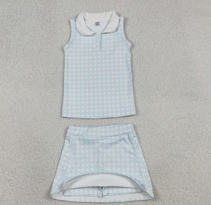 เด็กผู้หญิงวัยเตาะแตะ GSD3375 เสื้อกั๊กลายสก๊อตสีฟ้าอ่อนกระโปรงกางเกงขาสั้นชุดเสื้อผ้าโยคะฤดูร้อนสำหรับเด็กผู้หญิง - Product Image 4