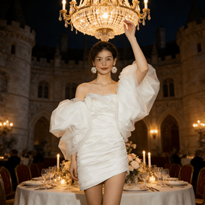 Nuovo Abito da Sposa Elegante in Stile Francese, Mini Abito da Sposa per Matrimonio e Fidanzamento, Corto in Raso con Scollo Profondo - Product Image 1