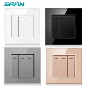 SRAN Wholesale Uk White Color Tempered glass Plate 3 Gang 1 2 Way Press Wall Switch