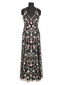 Elegante patrón floral tul ODM vestido de noche bordado de lentejuelas rebordear decoración sin mangas escote en V hasta el suelo fiestas - Product Image 4