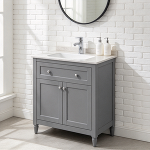 Meuble-lavabo EFS 24 gris Shaker à évier unique, construction en bois massif, portes à fermeture douce, sur pieds, style rustique farmhouse, deux compartiments - Product Image 2