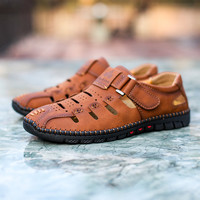Sandales en cuir véritable pour hommes, fabriquées à la main en Chine, style rétro, décontractées, respirantes, pour l'été, à enfiler