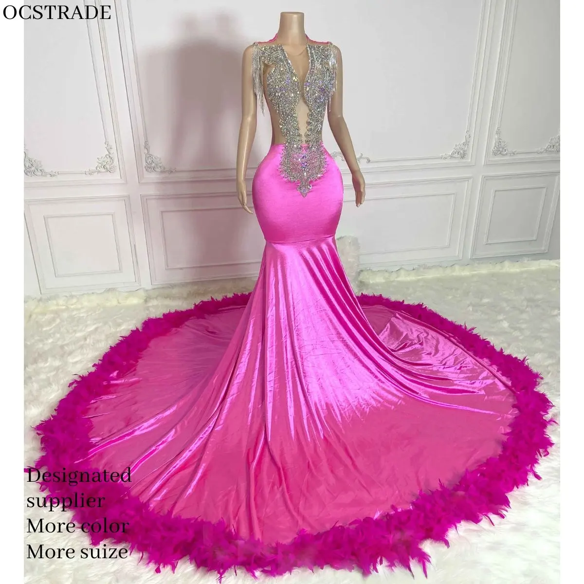 Vestido de gala de baile feminino com strass alto, vestido de baile de finalistas, maxi de cor rosa, vestido de baile de gala 2024, Ocstrade