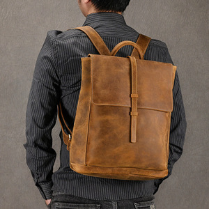 Retro Crazy Horse Leather <b>Backpack</b> 14 Inch Laptop Bag Men's Flap Closure Casual Travel Schoolbag - Product Image 4