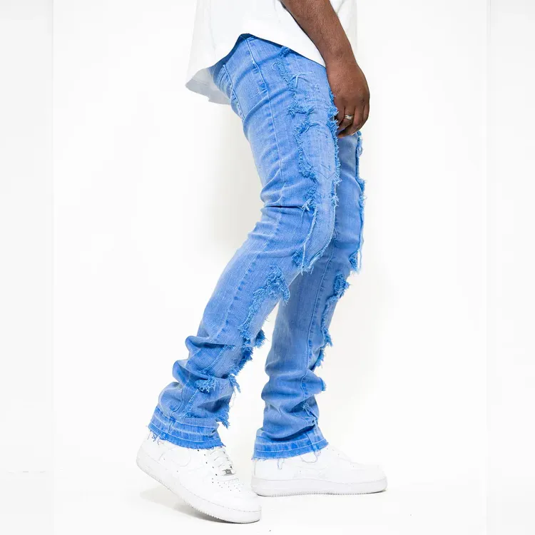 Fashion Design Men Denim Jeans Custom Distressed Patch Embroidered Design Slim Straight Jeans For Men