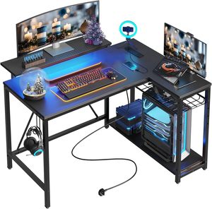 Bureau d'ordinateur en métal en forme de L SENYU avec éclairage LED et étagères de rangement, table de travail multifonctionnelle - Product Image 1