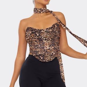 Haut court corset tendance d'été avec détail écharpe bandeau imprimé léopard marron pour femme - Product Image 1