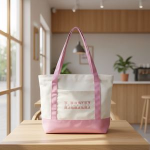 Sac fourre-tout moyen personnalisé pour cadeaux d'invités, avec poignées bicolores, poche avant à soufflet, en toile, sac de shopping pour femme - Product Image 1