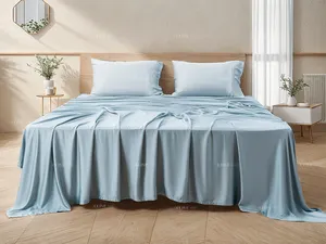 100% Organic Bamboo Pale Blue Cotton Rich 400 Thread Count Sateen Weave Super Soft Smooth Sheet Set With Luxurious Silky Lustre