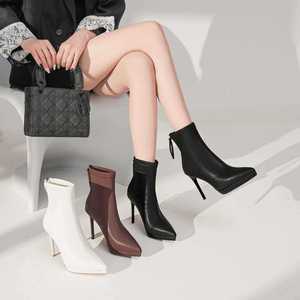 Ankle Boots Solid Pattern Pointed Toe Thin Heel 8cm up Pu Upper Plush Lining <b>Height</b> <b>Increasing</b> Fashion Women's <b>Shoes</b> - Product Image 2