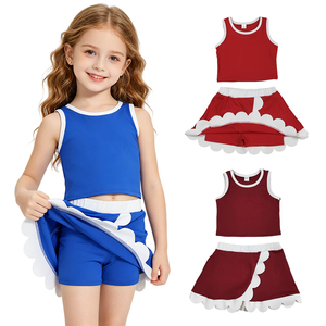 Toddler Girls Two Piece Active Set <b>Blue</b> Crop Top With <b>Skort</b> Sport Outfit Sleeveless Tank Top High Waist A-Line Shorts - Product Image 1